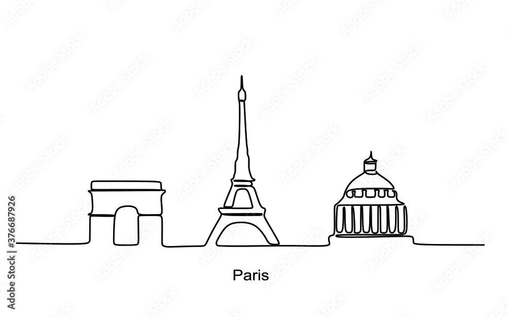 Paris skyline continuous one line drawing. Vector illustration