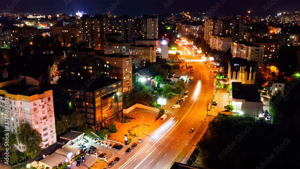 Chisinau city at night from aerial drone view