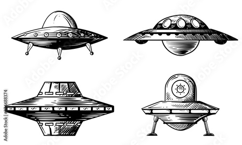Set of various flying saucers. Hand drawn vector illustrations.