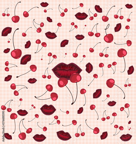pink background with image fantasy abstract red colored lips and cherry