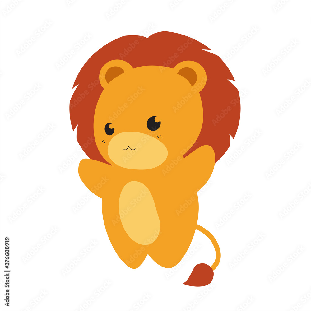 Obraz premium Cute vector Lion cub on an isolated white background. A kawaii style cartoon character. Sweet zoo of wild animals and Pets for children's room, print, poster or for Greeting card 