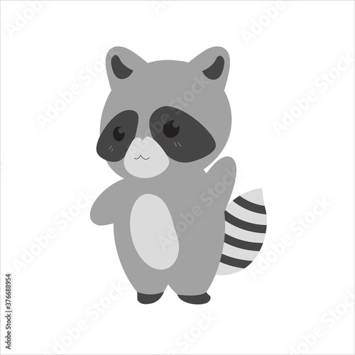 Fototapeta Naklejka Na Ścianę i Meble -  Cute vector raccoon on an isolated white background. A kawaii style cartoon character.  Sweet zoo of wild animals and Pets for children's room, print, poster or for Greeting card
