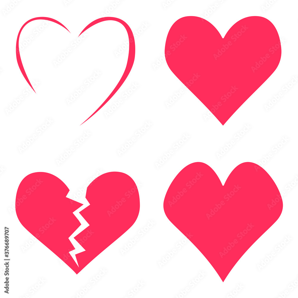 Four pink hearts. Heat shape vector set.