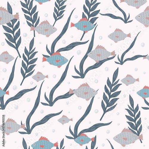 Seamless random pattern with pale navy blue fishes and seaweeds. White background. Marine backdrop.