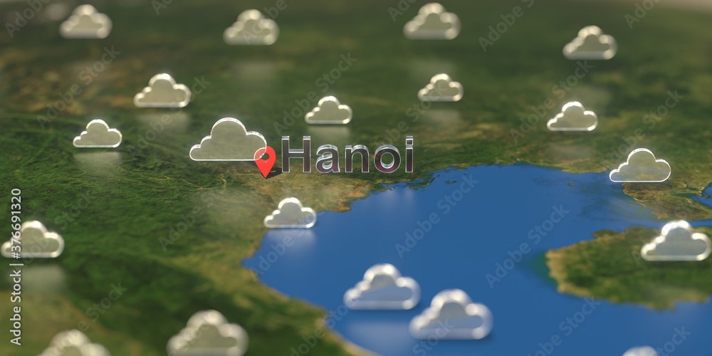 Cloudy weather icons near Hanoi city on the map, weather forecast related 3D rendering Cloudy weather icons near Hanoi city on the map, weather forecast related 3D rendering