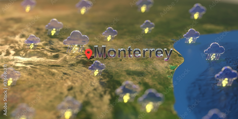 Stormy weather icons near Monterrey city on the map, weather forecast related 3D rendering Stormy weather icons near Monterrey city on the map, weather forecast related 3D rendering
