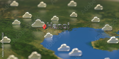 Cloudy weather icons near Hanoi city on the map, weather forecast related 3D rendering