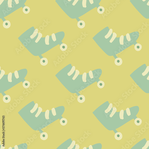 Pale seamless pattern with roller doodle ornament. Blue shoes silhouettes on yellow background.