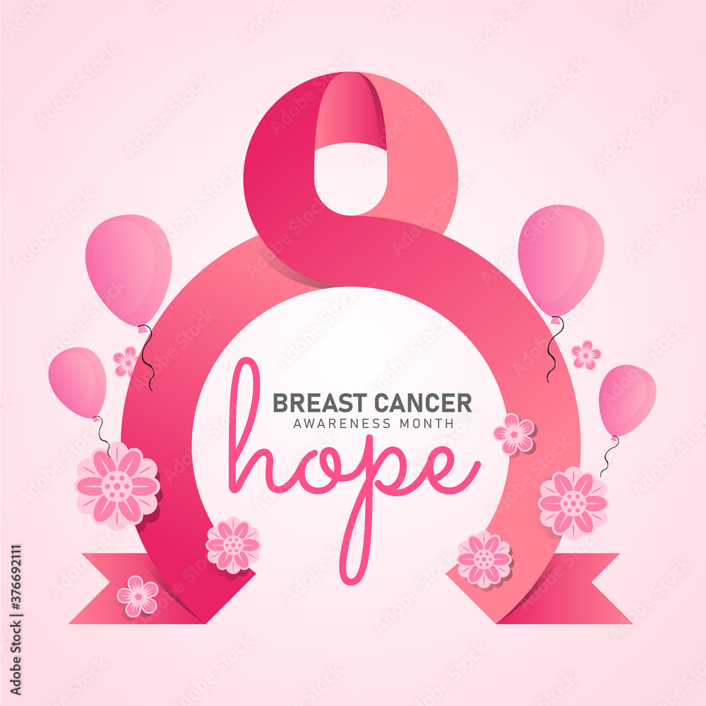 breast cancer awareness month banner with pink circle ribbon sign flower and balloon on soft pink background