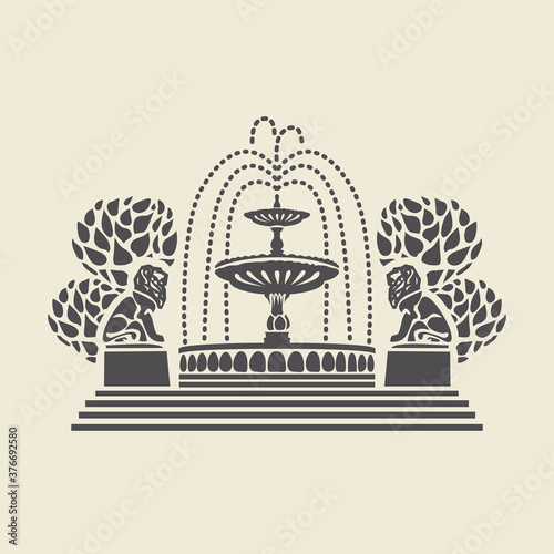 Icon or stencil of a stylized vintage Park fountain with steps, trees and sculptures of lions. Decorative vector illustration isolated on a light background in flat style