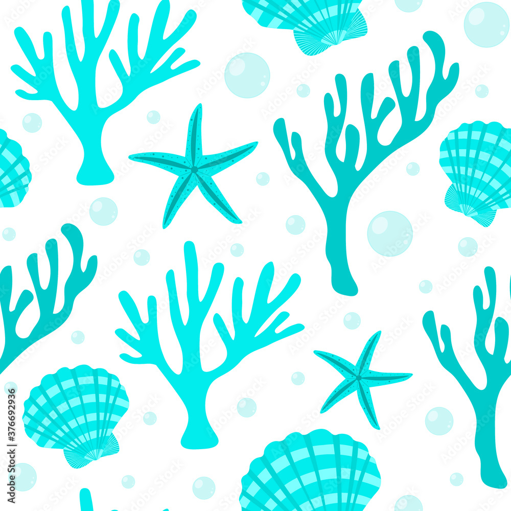 Seamless pattern corals seashells starfish vector illustration