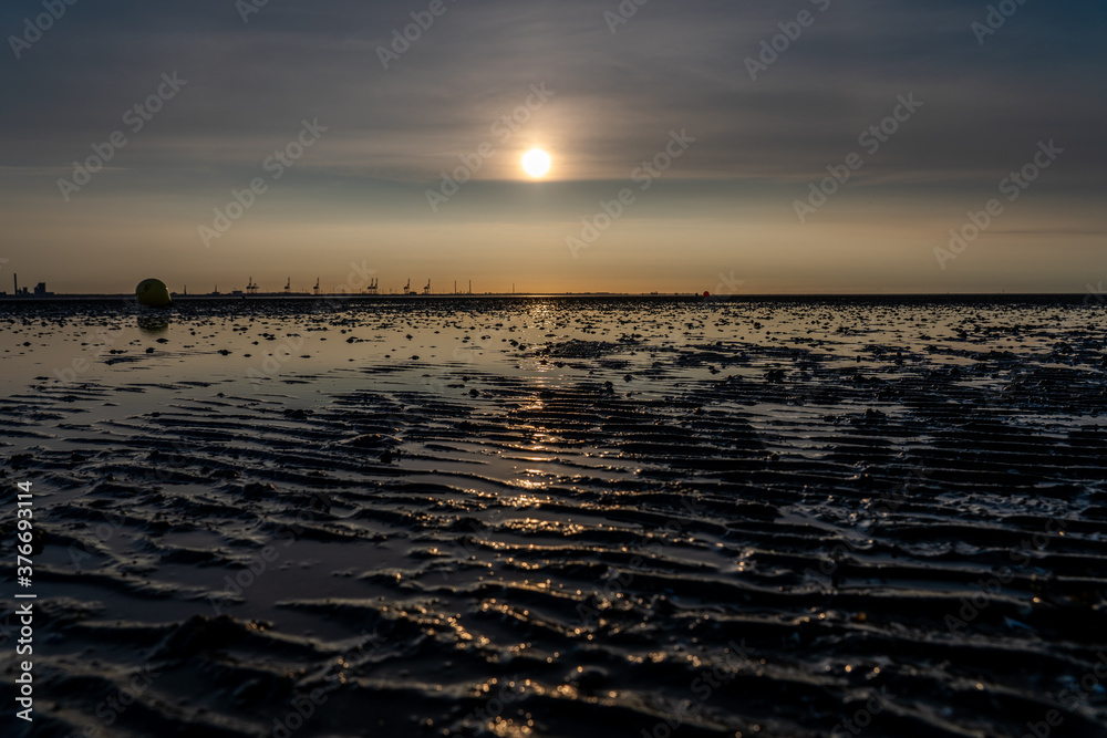 view on the wadden sea of the north sea at low tide at sunset near tossen