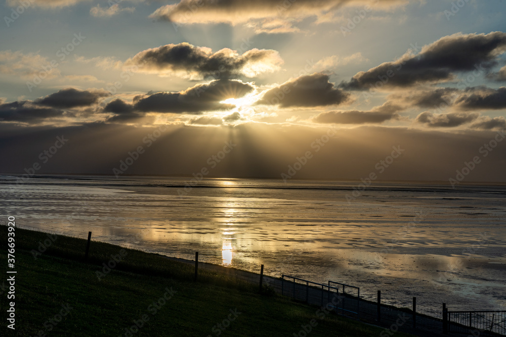 Obraz premium view on the wadden sea of the north sea at low tide at sunset near bernersiel