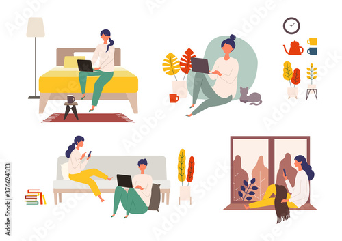 Vector illustration of people checking the web in the autumn. Man and woman have a relaxing day off.