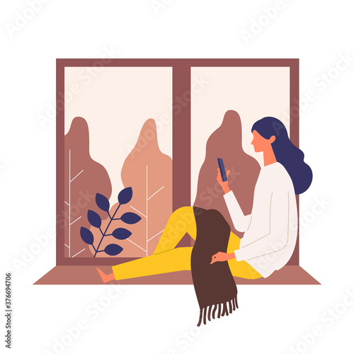 Vector illustration of woman checking the web in the autumn. Woman have a relaxing day off.