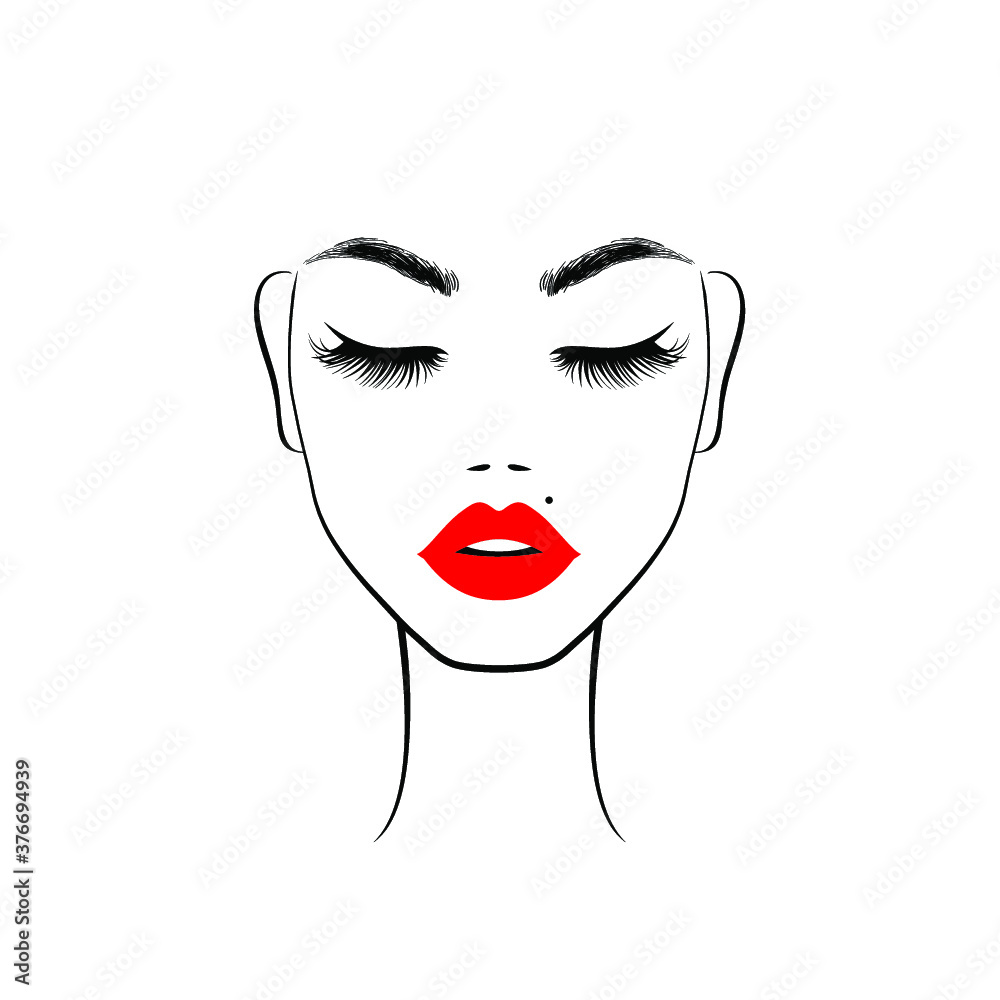Beautiful woman face with red lips, eyebrows and lush eyelashes, eyes closed, sexy birthmark, black mole. Beauty Logo. Vector illustration. Beautiful woman face with red lips, eyebrows and lush eyelashes, eyes closed, sexy birthmark, black mole. Beauty Logo. Vector illustration.