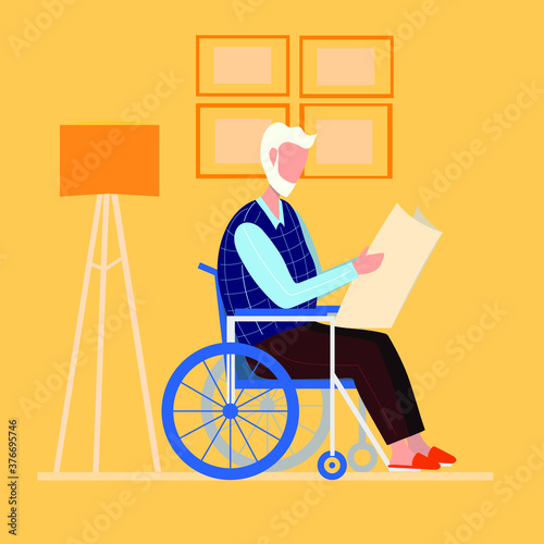 Old man in a wheelchair is reading a newspaper. The concept of a calm old age. Cartoon character. Vecon illustration.