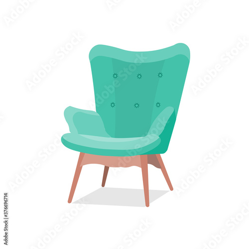 Stylish trendy model of an armchair in a trendy green color with armrests on wooden legs. Isolated vector illustration of cozy interior item in cartoon flat style. EPS