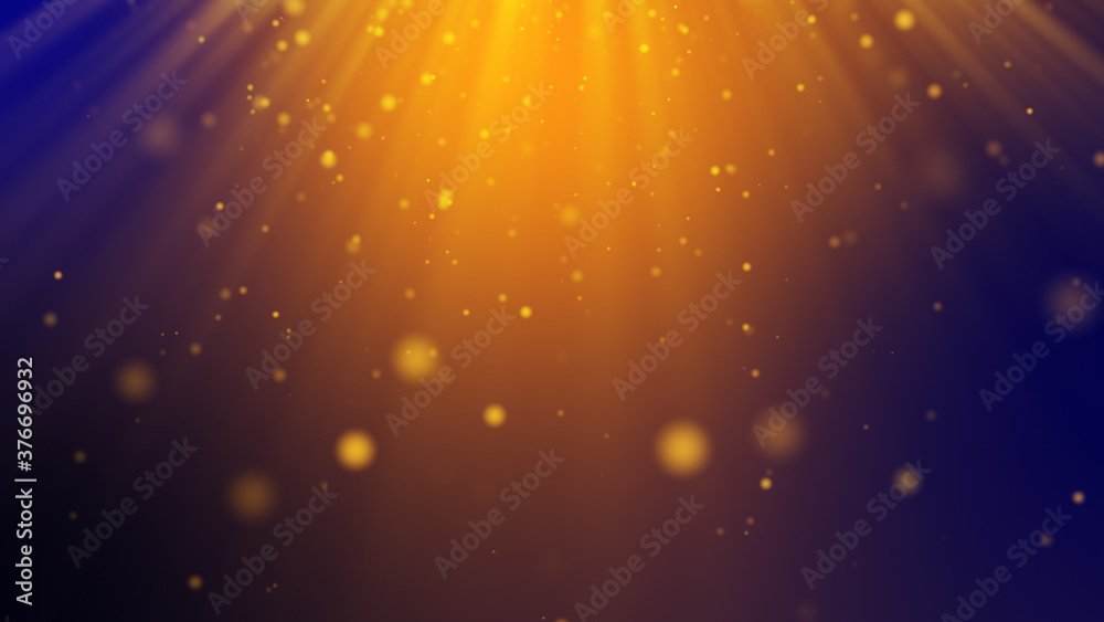 Dark blue gold yellow particle abstract animation background with falling and flicker light ray beam. 3D Rendering.