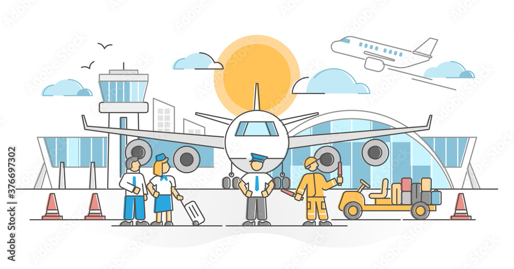 Airport with flight crew, pilot, attendant occupation scene outline concept Airport with flight crew, pilot, attendant occupation scene outline concept