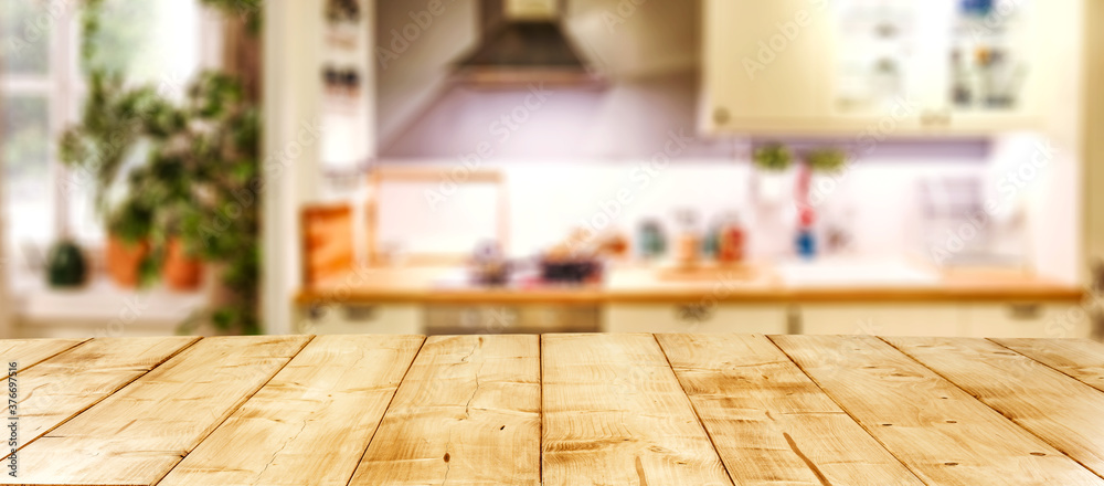 Desk of free space and kitchen interior Desk of free space and kitchen interior