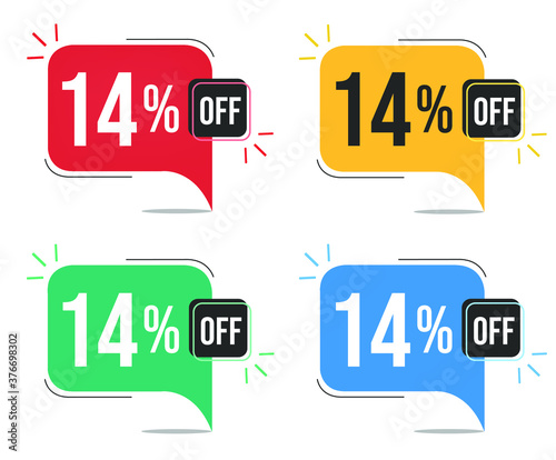 14% off. Red, yellow, green and blue tags with fourteen percent discount. Banner with four colorful balloons with special offers vector.