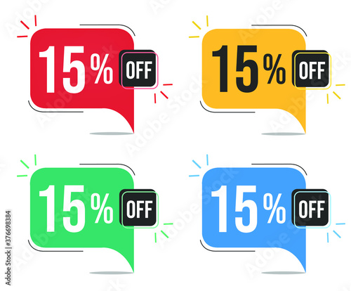 15% off. Red, yellow, green and blue tags with fifteen percent discount. Banner with four colorful balloons with special offers vector.