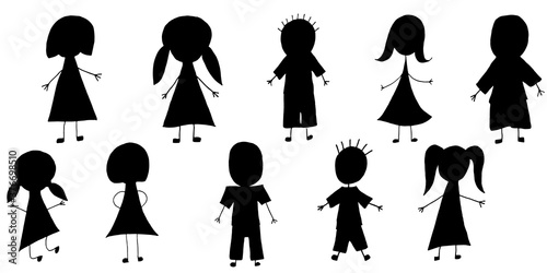 simple kids set of silhouettes of boys and girls, doodling for paper design, fabric, interior. raster copy