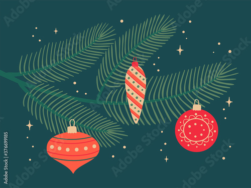 Green Branch of fir with colorful toys on dark background.  Beautiful decorations are hanging on the Christmas tree. Vector illustration in flat cartoon style.