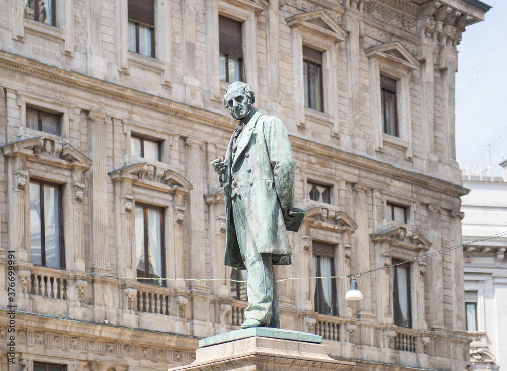 San Fedele Square, Milan, bronze monument in memory of Alessandro Manzoni, italian poet and writer
