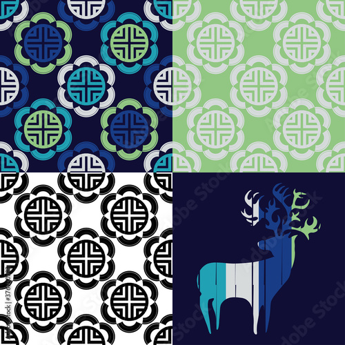Set: Deer and Mosaic of geometric shapes. Design with manual hatching. Textile. Ethnic boho ornament. Vector illustration for web design or print.