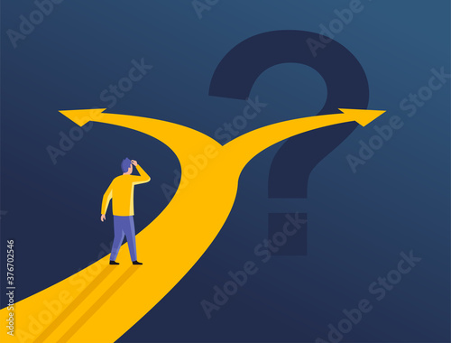 Confused man at crossroads before important choice (correct option choosing) - vector illustration for making an important decision or political voting photo