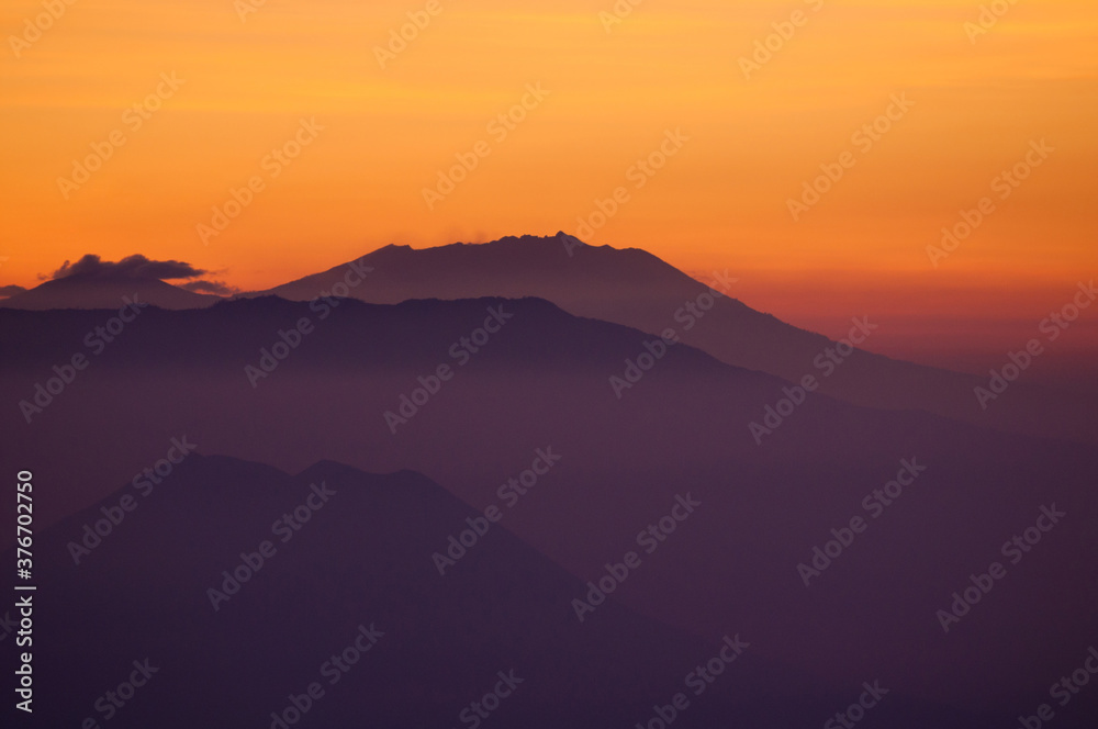 Sunrise at mountain near Mount Bromo volcanoes in Bromo Tengger Semeru National Park, East Java, Indonesia