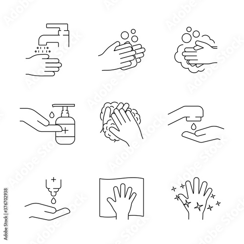 Hand washing line icons set, disinfect hand, hand sanitizer, hand soap. Vector illustration on a white background.