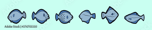 set of flounder fish with different color. isolated vector on blue