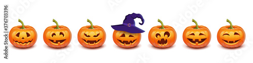 Set pumpkin on white background. The main symbol of the Happy Halloween holiday. Orange pumpkin with smile and witch hat for your design for the holiday Halloween. Vector illustration.