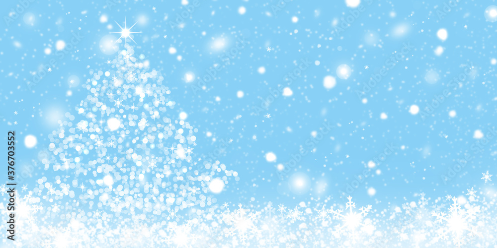 Abstract Christmas tree on a snowy blue background. Christmas card. Banner