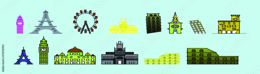 Naklejka premium set of world famous buildings cartoon icon design templates with various models. vector illustration