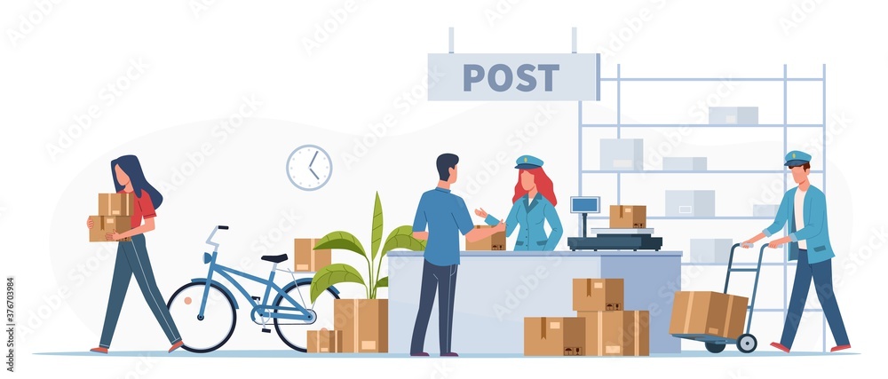 Post delivery office. Postmen, courier and people with boxes and letters in post reception, order receiving or parcel, mail service postage stamp envelopes vector flat illustration