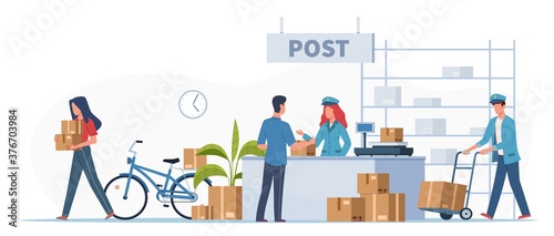 Post delivery office. Postmen  courier and people with boxes and letters in post reception  order receiving or parcel  mail service postage stamp envelopes vector flat illustration