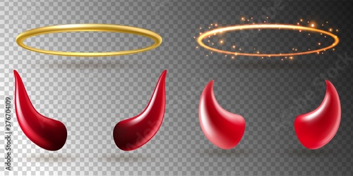 Angel rings and devil horns. Saints golden glowing halo, shiny yellow aureole and red demon horn evil symbol realistic halloween costume vector 3d isolated on transparent background set photo