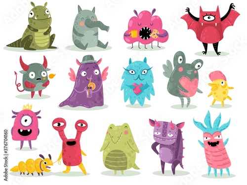 Cartoon monsters. Cute goblins, colorful alien characters, funny comic gremlins, little dragons and devil spooky creatures. Halloween scary toy mascots set vector flat isolated collection