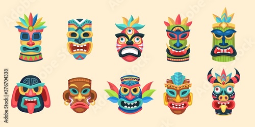 Tribal mask. Ethnic african  aztec and hawaiian ritual aboriginal face masks  traditional indian wooden symbols  ancient ritual totem religion idol vector colorful isolated set