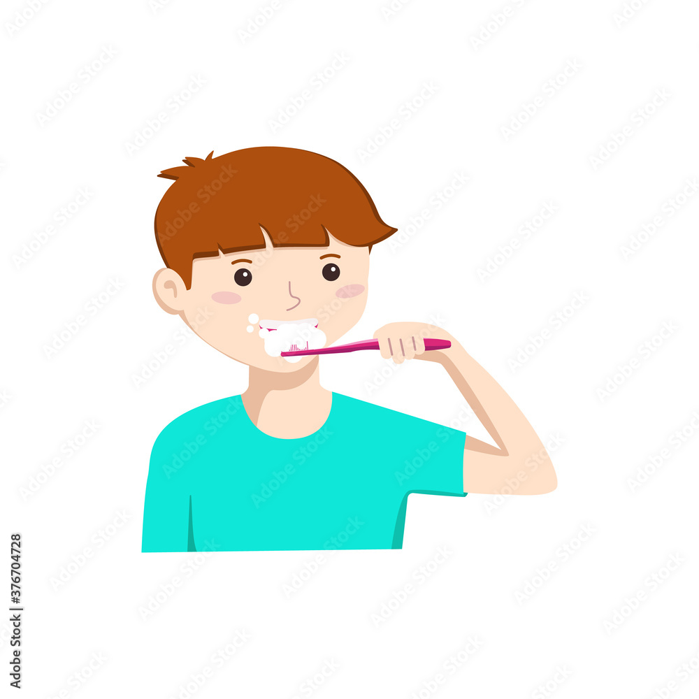 Happy cute boy brushing his teeth. Oral hygiene. Vector illustration in a flat style isolated on a white background Happy cute boy brushing his teeth. Oral hygiene. Vector illustration in a flat style isolated on a white background