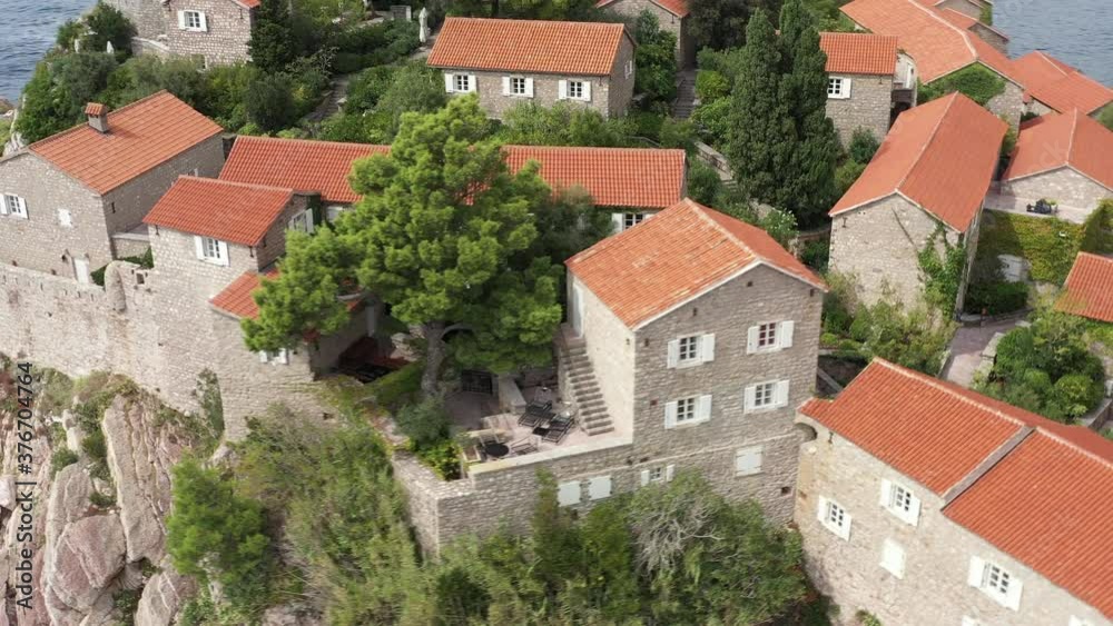 Sveti Stefan, Montenegro. Aerial above view of the Sveti Stefan island. Drone footage Sveti Stefan, Montenegro. Aerial above view of the Sveti Stefan island. Drone footage