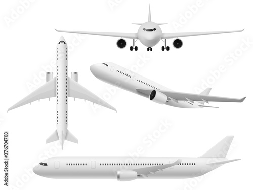Airplane 3d. Airliner top, side and front view. Flying aircraft in various angle, air transport, commercial journey trip and travel aviation passenger plane realistic vector set