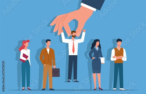 Recruitment. Selected candidate from group business people, employers hand choose person, choosing future career, hiring workers human resources, choice process vector flat concept