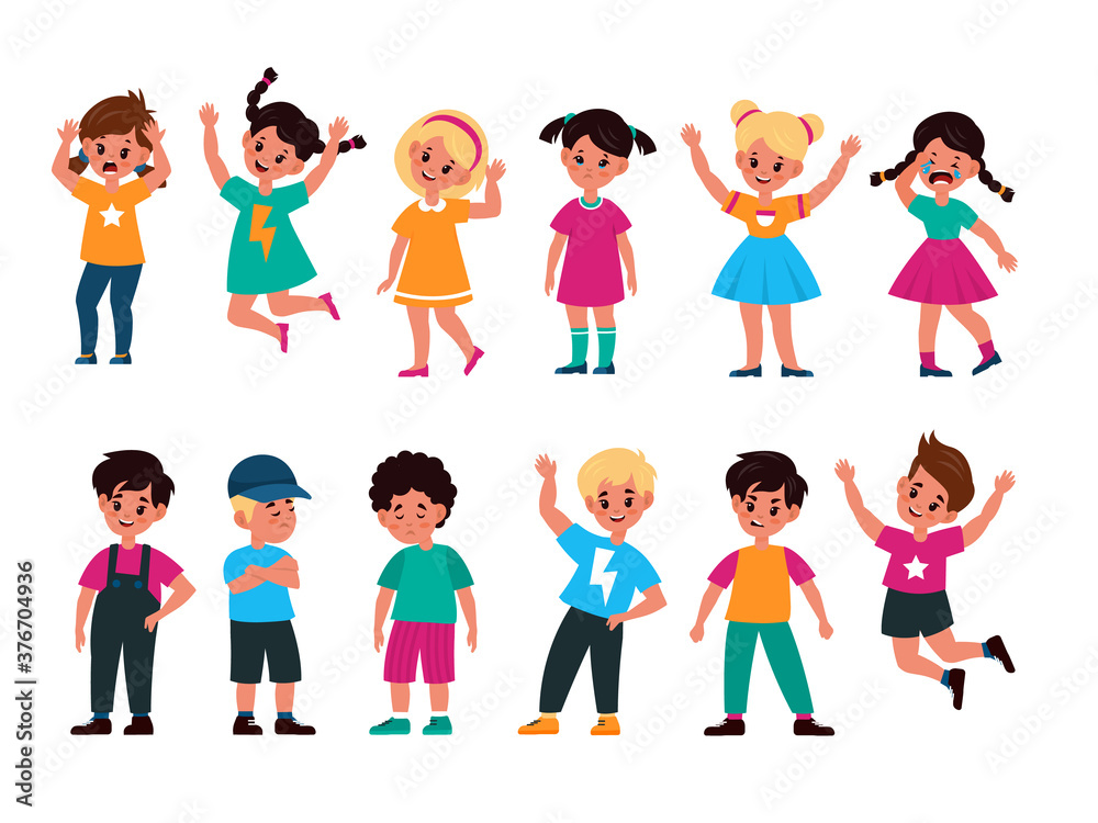 Emotional kids. Cute boys and girls afraid and happy, cry and sad, surprised and resentful, jump and angry, faces with expressions vector flat cartoon children characters collection Emotional kids. Cute boys and girls afraid and happy, cry and sad, surprised and resentful, jump and angry, faces with expressions vector flat cartoon children characters collection