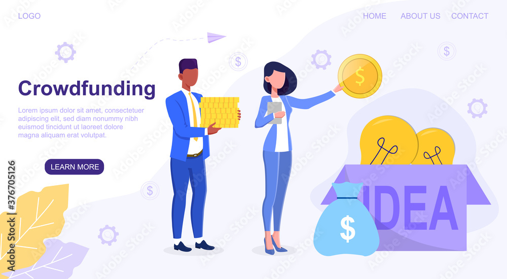 Concept of raising money through crowdfunding. A couple of partners, diverse multiracial businessman and businesswoman, attracting investments to monetize their idea.
