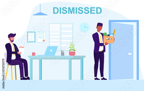 The concept of job search and employment. A young dismissed employee of the office Manager leaves the workplace with his belongings. Colored vector illustration